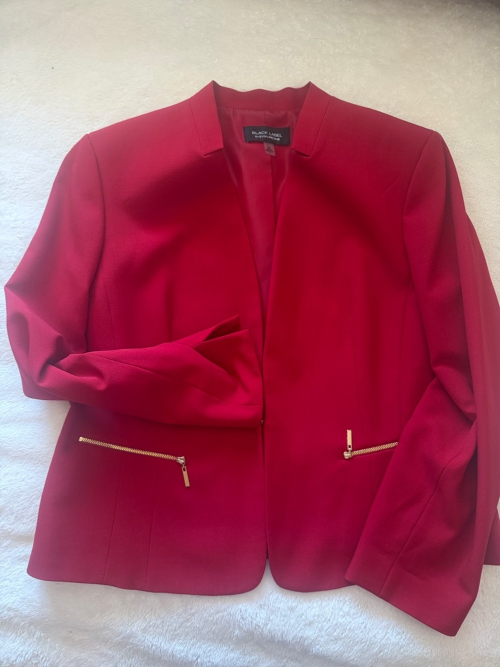 Evan Picone Red Collarless Open-Front Blazer with Gold Zippers